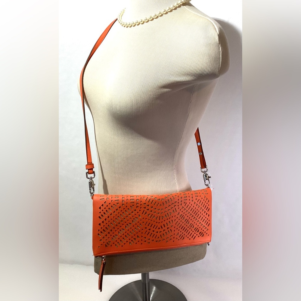 Stella&Dot Waverly Crossbody 3in 1 Orange and Tan 2 Zippers Vegan Leather